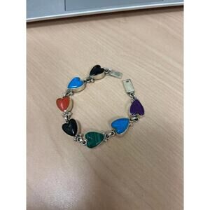 Mexico Sterling Turquoise/ Lapis Chunky Thick Multi Stone Heart Bracelet
